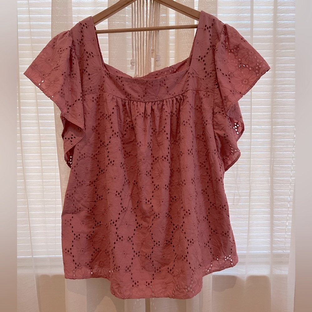 NWT LANE BRYANT Floral Eyelet Square Neck Cap Sleeve Blouse Dusty Rose Top 22/24